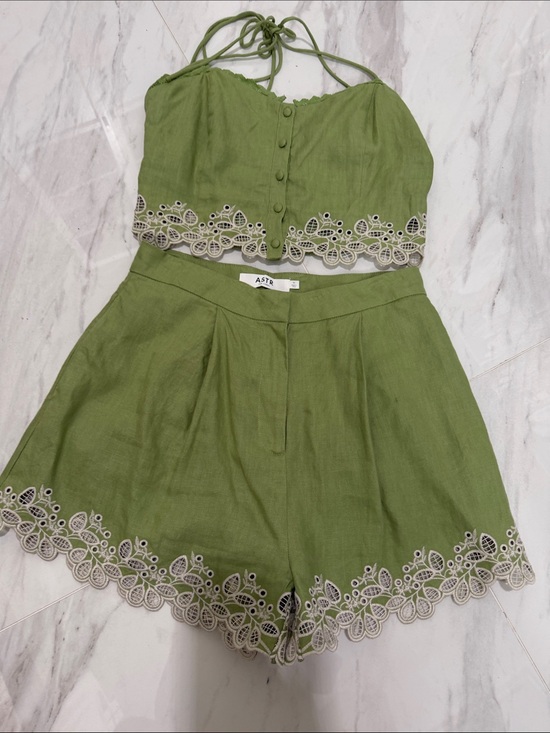 Astr Other - Astr Olive Green Embroidered Halter Crop Top & High-Waist Shorts Set
